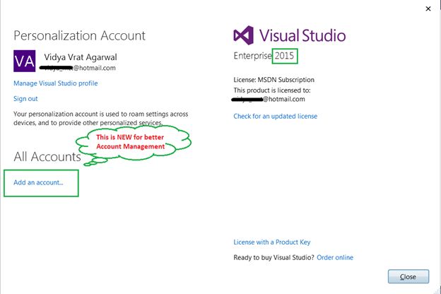Account Settings in Visual Studio 2015